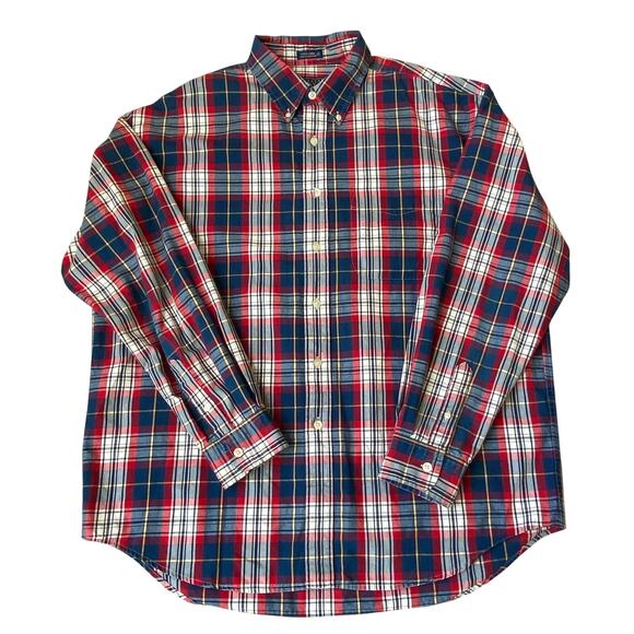 Thornton Bay Button Down Shirt Men XL Red Navy Plaid Americana Barn Long Sleeve - Picture 2 of 8